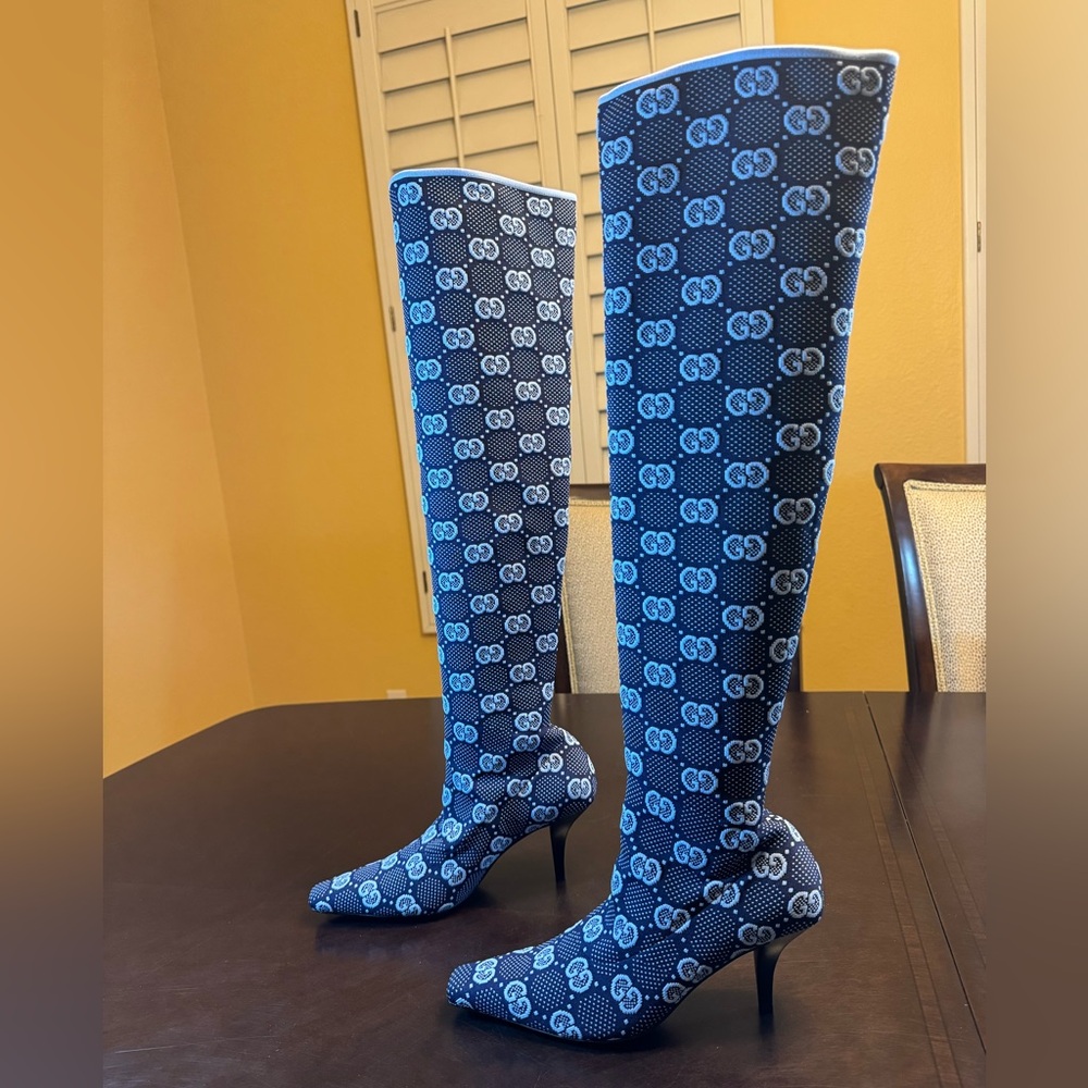 New Gucci GG Supreme Logo Knit Blue Knee High Boots Size 37.5 / US 7.5 - Picture 4 of 16